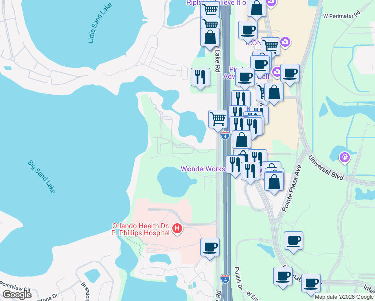 map of restaurants, bars, coffee shops, grocery stores, and more near 7511 Seurat Street in Orlando