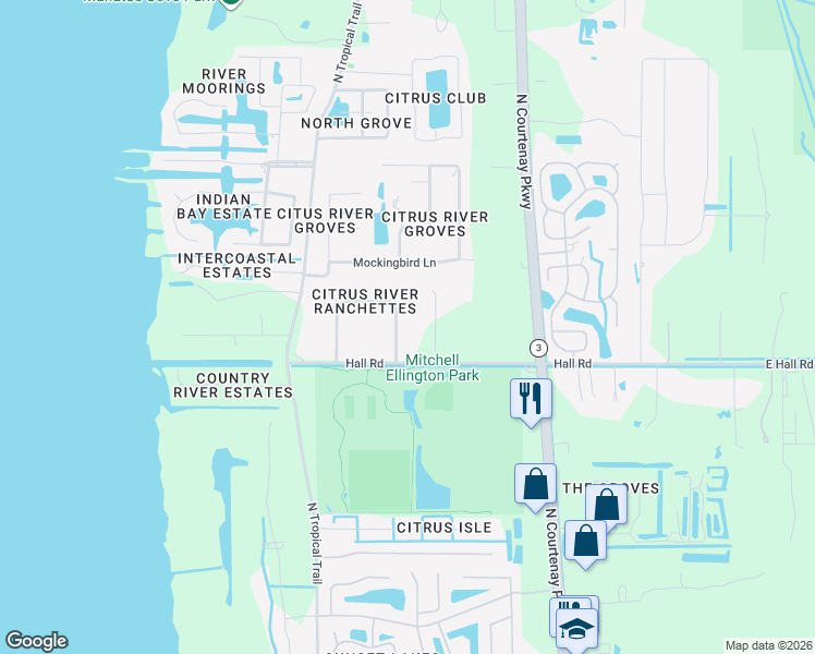 map of restaurants, bars, coffee shops, grocery stores, and more near 4340 Horseshoe Bend in Merritt Island