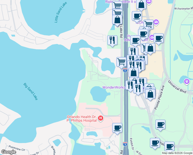 map of restaurants, bars, coffee shops, grocery stores, and more near 7523 Seurat Street in Orlando