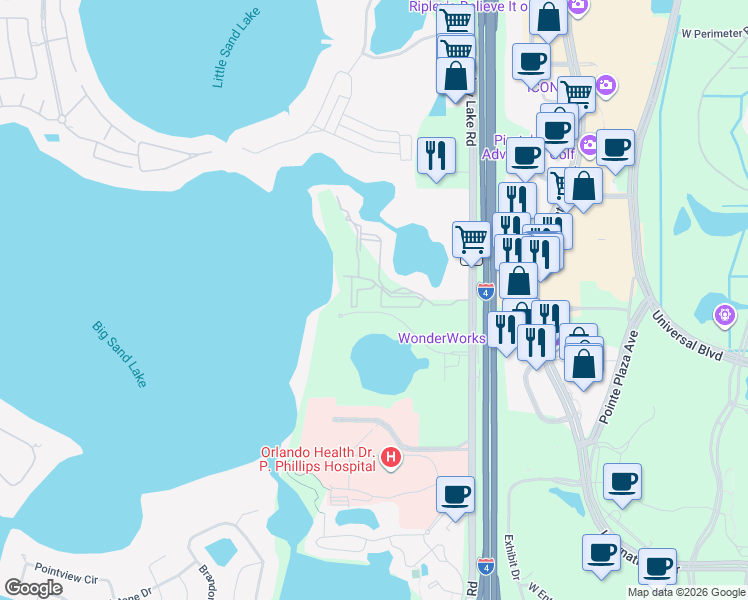 map of restaurants, bars, coffee shops, grocery stores, and more near 7524 Seurat Street in Orlando