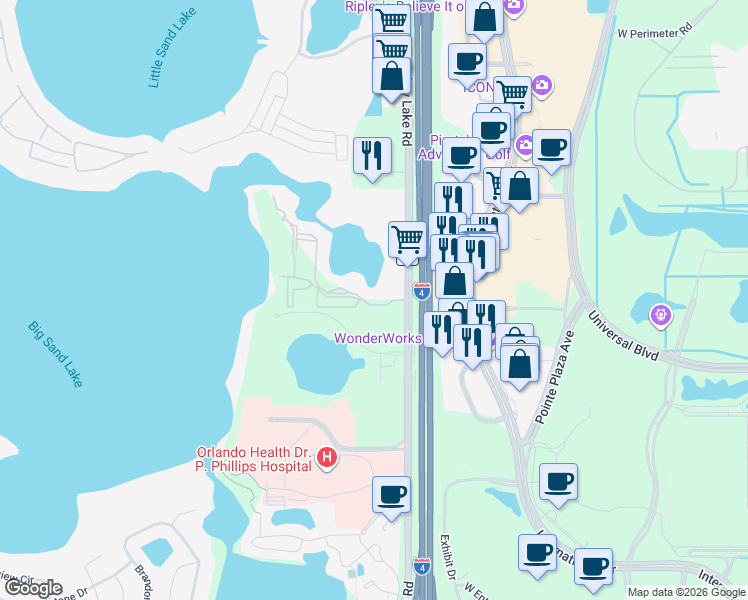 map of restaurants, bars, coffee shops, grocery stores, and more near 8939 Latrec Avenue in Orlando