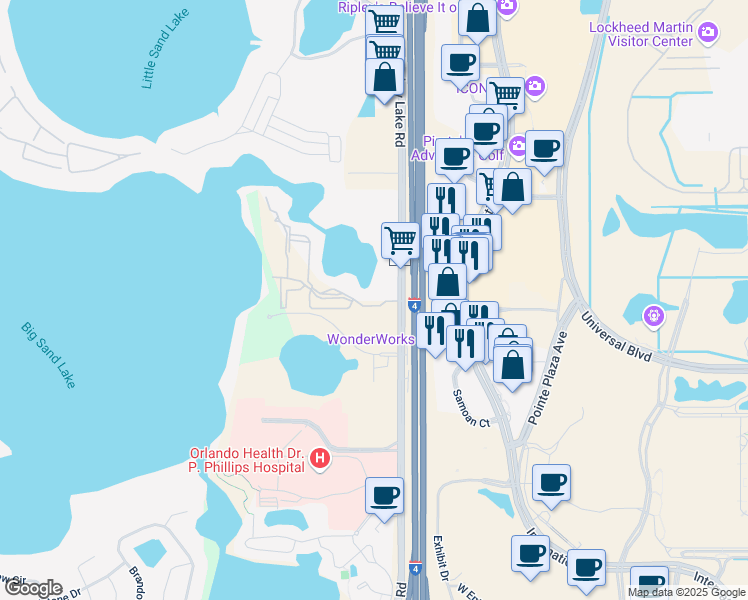 map of restaurants, bars, coffee shops, grocery stores, and more near 9200 Turkey Lake Road in Orlando