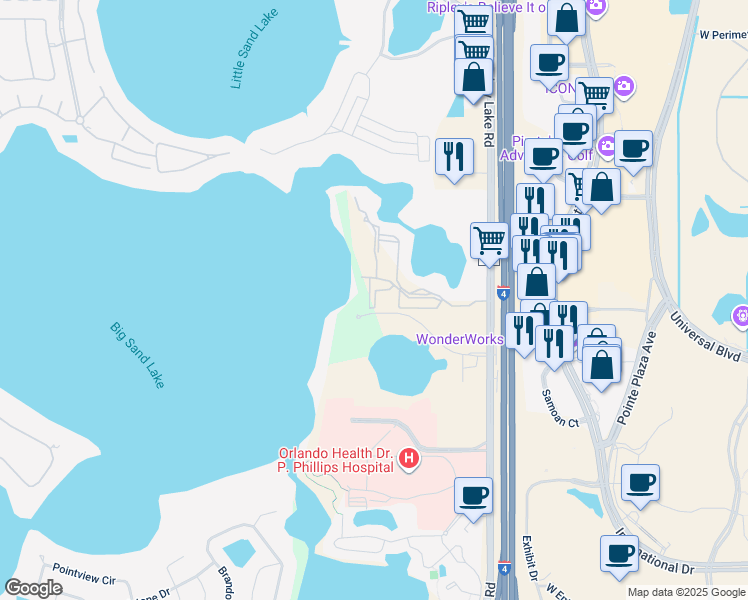 map of restaurants, bars, coffee shops, grocery stores, and more near 7606 Pissarro Drive in Orlando