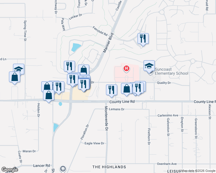 map of restaurants, bars, coffee shops, grocery stores, and more near 10380 Quality Drive in Spring Hill