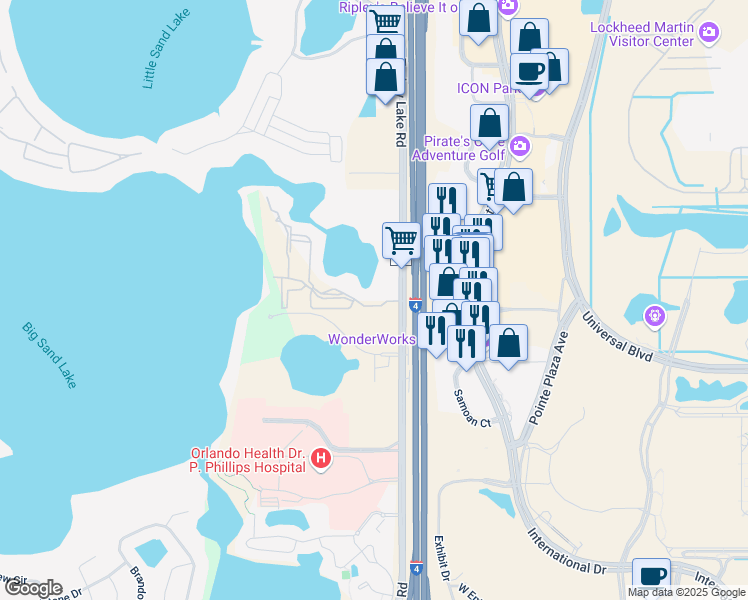 map of restaurants, bars, coffee shops, grocery stores, and more near 9200 Turkey Lake Road in Orlando