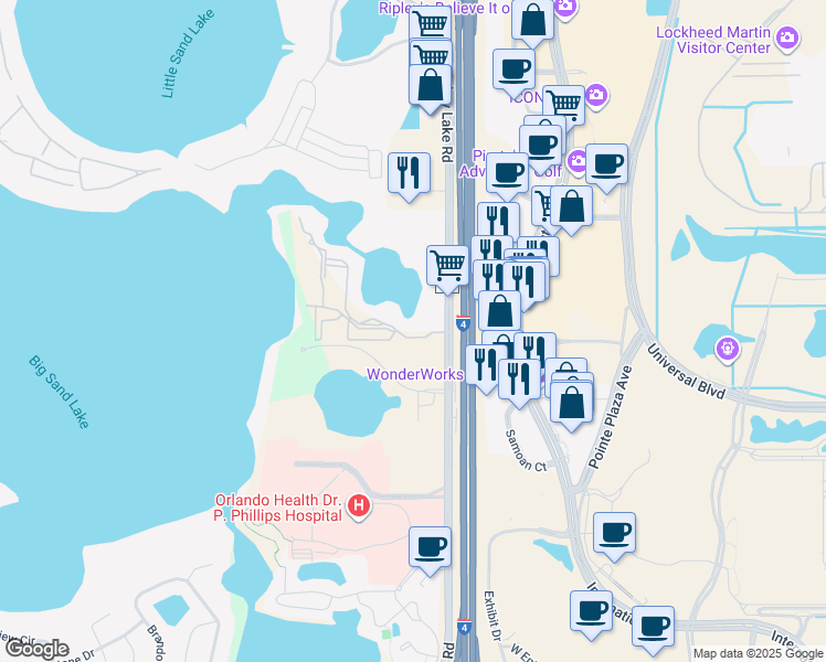 map of restaurants, bars, coffee shops, grocery stores, and more near 8939 Latrec Avenue in Orlando
