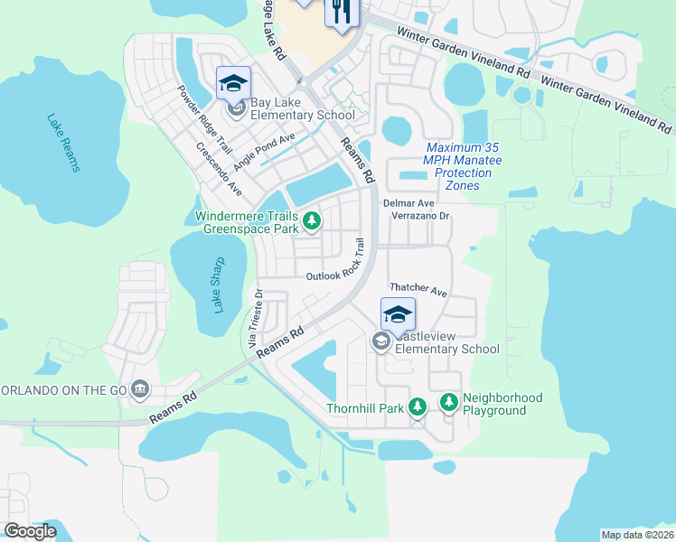 map of restaurants, bars, coffee shops, grocery stores, and more near 9156 Outlook Rock Trail in Windermere