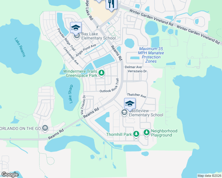 map of restaurants, bars, coffee shops, grocery stores, and more near 9156 Outlook Rock Trail in Windermere