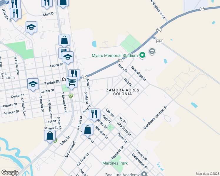 map of restaurants, bars, coffee shops, grocery stores, and more near 218 Stadium Drive in Cotulla