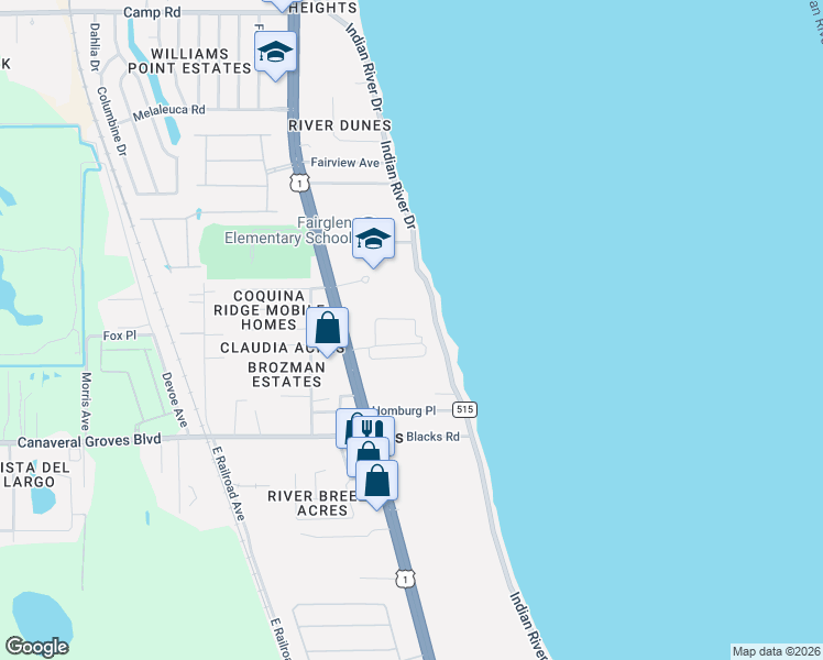 map of restaurants, bars, coffee shops, grocery stores, and more near 21 Olsen Road in Cocoa