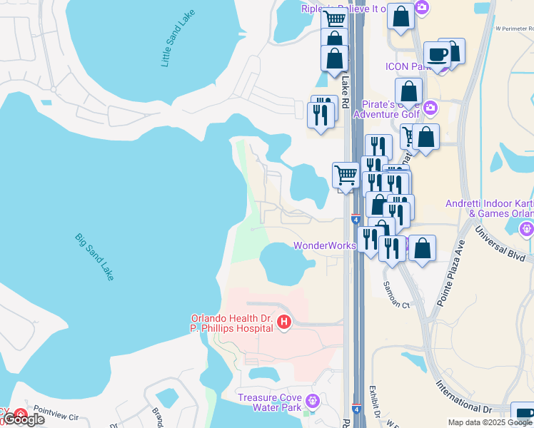 map of restaurants, bars, coffee shops, grocery stores, and more near 7606 Pissarro Drive in Orlando