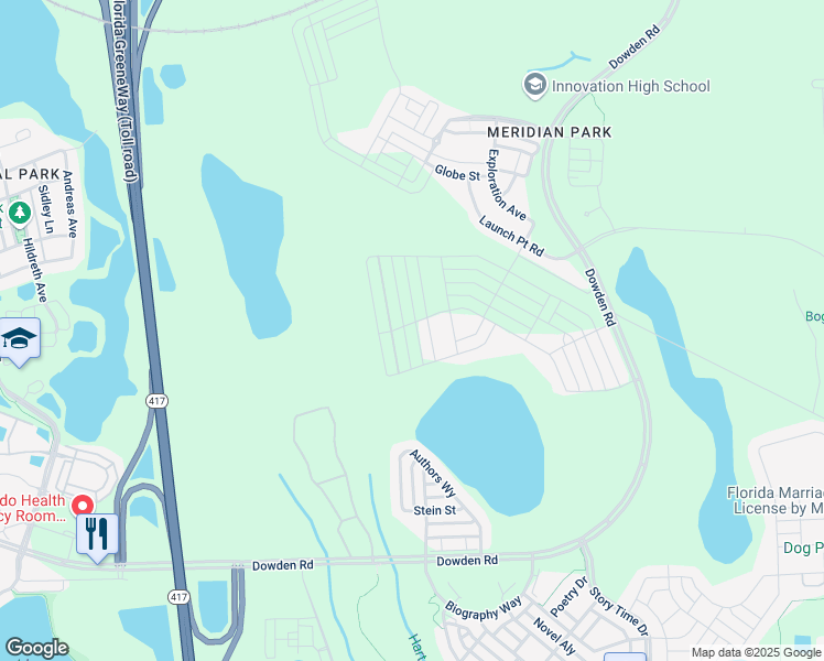 map of restaurants, bars, coffee shops, grocery stores, and more near Authors Way in Orlando