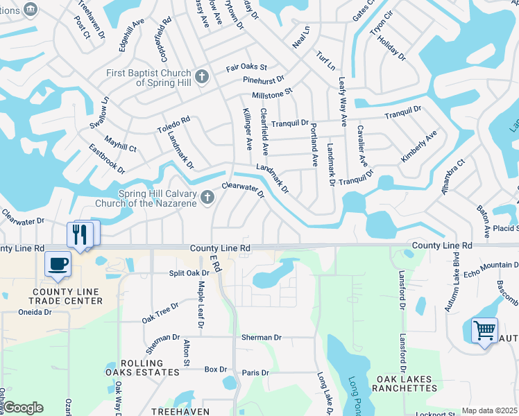 map of restaurants, bars, coffee shops, grocery stores, and more near 7240 Davenport Lane in Spring Hill