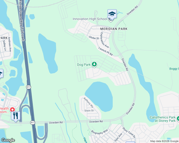 map of restaurants, bars, coffee shops, grocery stores, and more near Exploration Avenue in Orlando