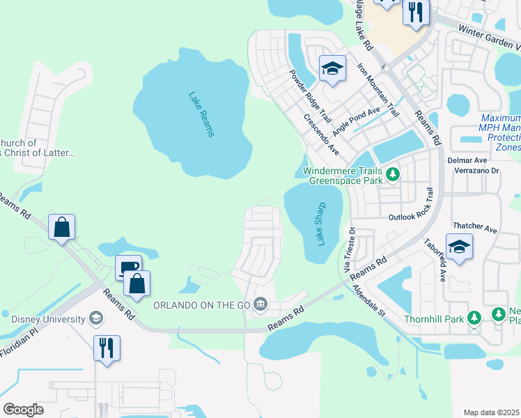 map of restaurants, bars, coffee shops, grocery stores, and more near 12327 Langstaff Drive in Windermere