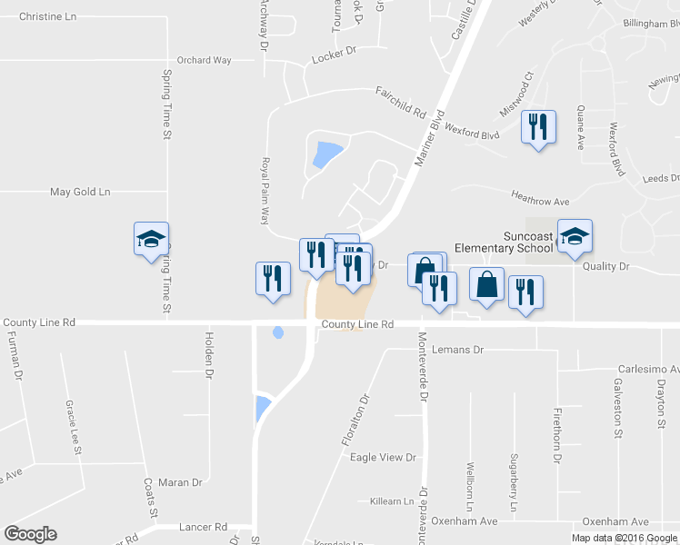 map of restaurants, bars, coffee shops, grocery stores, and more near 188 Mariner Boulevard in Spring Hill