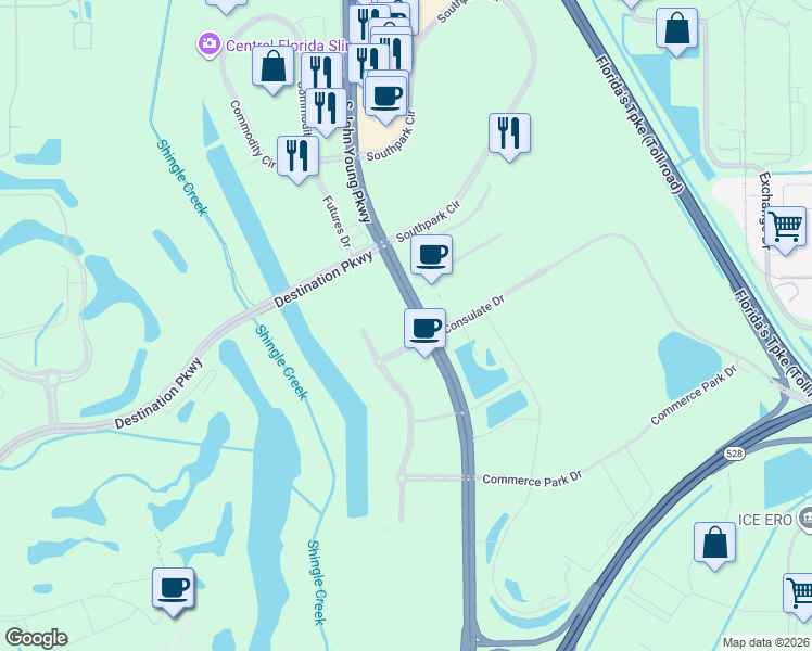 map of restaurants, bars, coffee shops, grocery stores, and more near 9102 Southpark Center Loop in Orlando
