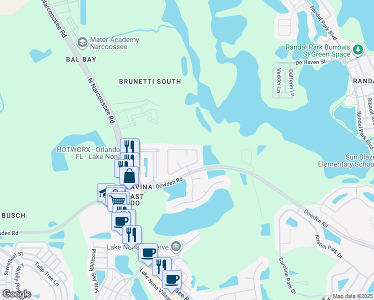 map of restaurants, bars, coffee shops, grocery stores, and more near 4782 Red Hawk Court in Orlando