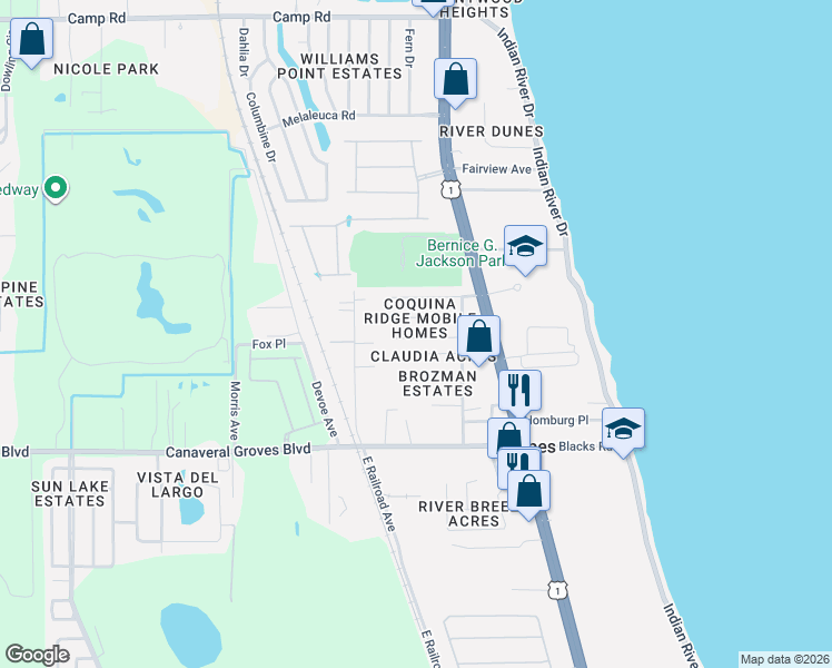 map of restaurants, bars, coffee shops, grocery stores, and more near 441 Butler Lane in Cocoa