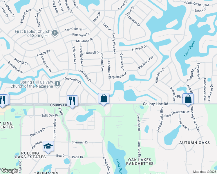 map of restaurants, bars, coffee shops, grocery stores, and more near 7508 Landmark Drive in Spring Hill