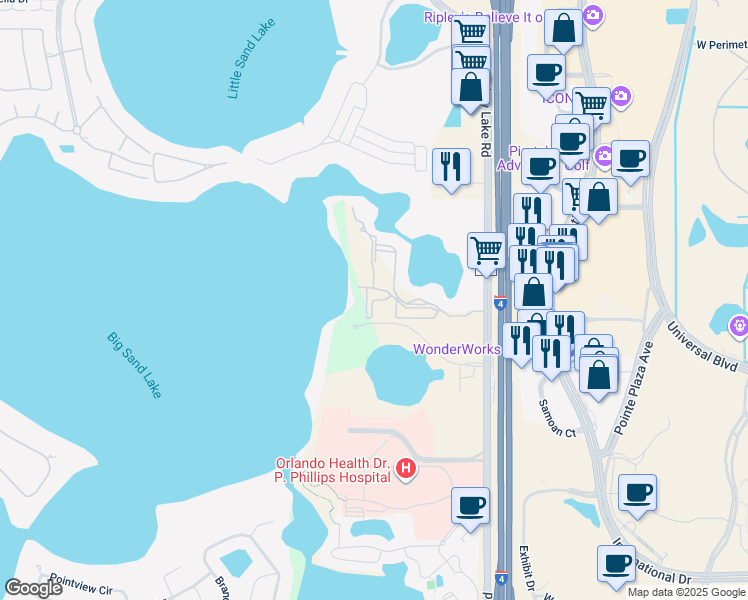 map of restaurants, bars, coffee shops, grocery stores, and more near Pissarro Drive in Orlando
