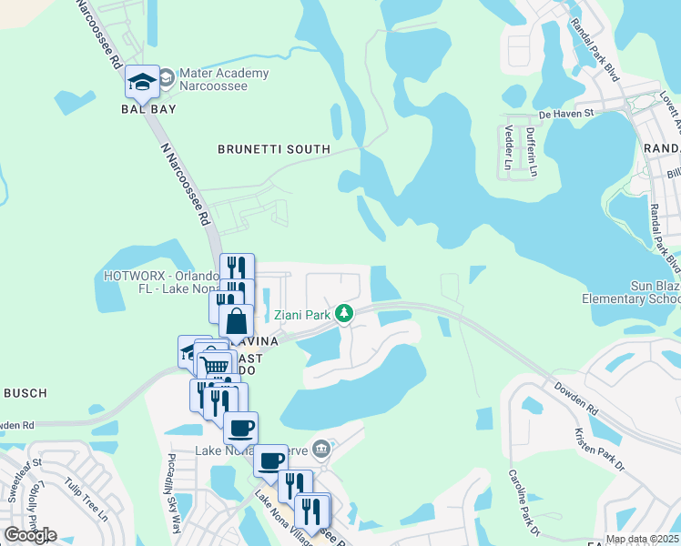 map of restaurants, bars, coffee shops, grocery stores, and more near 4782 Red Hawk Court in Orlando