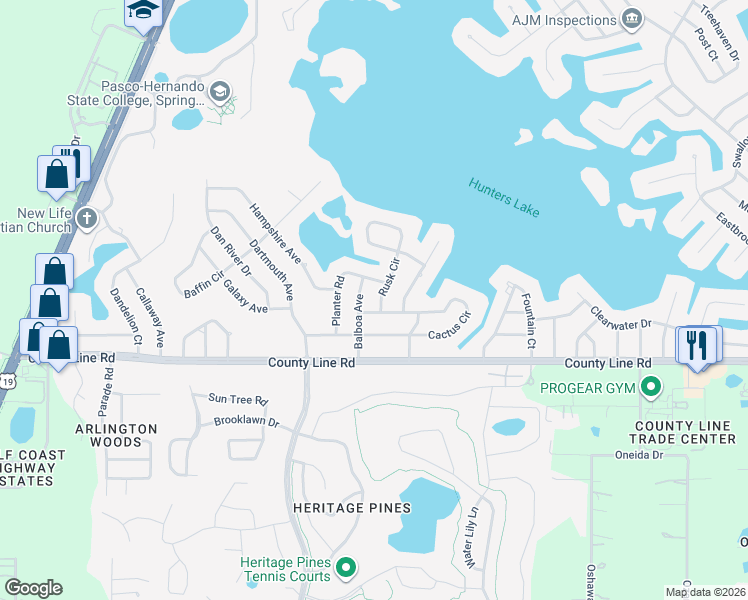 map of restaurants, bars, coffee shops, grocery stores, and more near 5424 Cactus Circle in Spring Hill