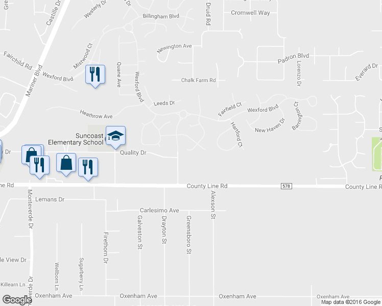 map of restaurants, bars, coffee shops, grocery stores, and more near 150 Gordham Court in Spring Hill