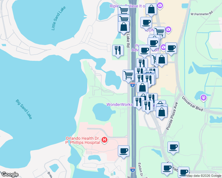 map of restaurants, bars, coffee shops, grocery stores, and more near 8915 Latrec Avenue in Orlando