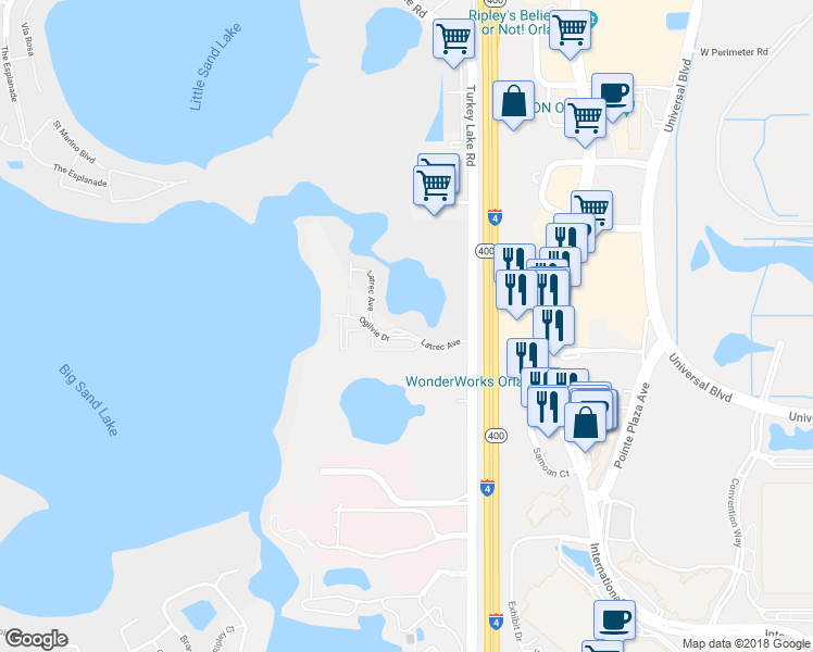 map of restaurants, bars, coffee shops, grocery stores, and more near 8939 Latrec Avenue in Orlando