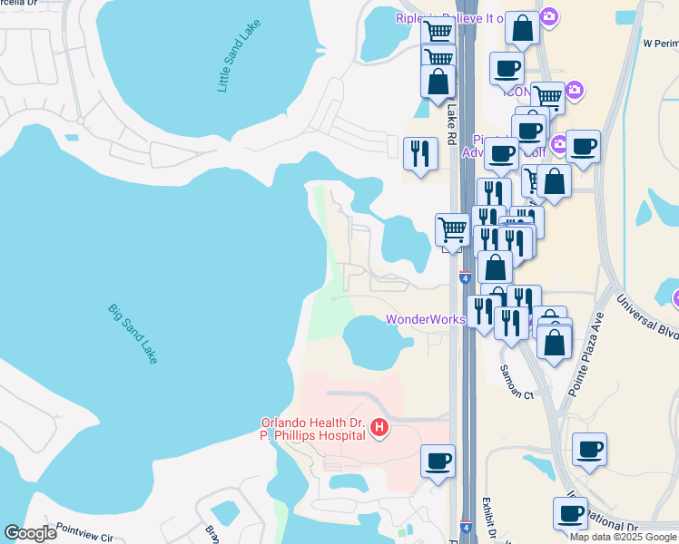 map of restaurants, bars, coffee shops, grocery stores, and more near 7606 Pissarro Drive in Orlando