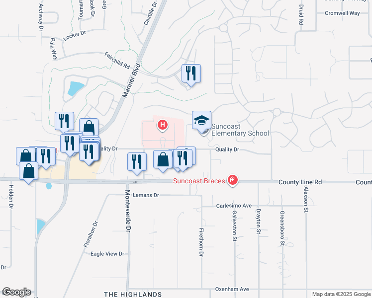 map of restaurants, bars, coffee shops, grocery stores, and more near Quality Drive in Spring Hill