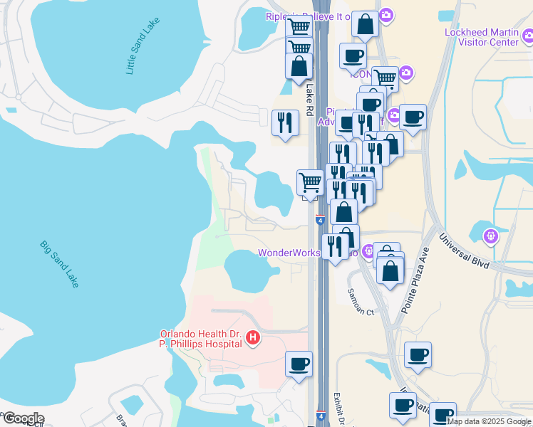 map of restaurants, bars, coffee shops, grocery stores, and more near 9058 Turkey Lake Road in Orlando