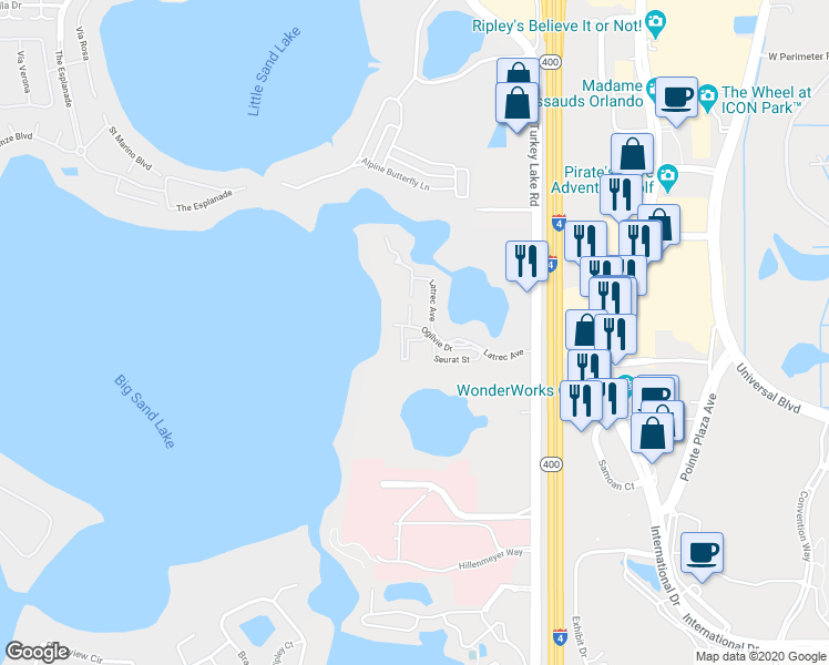 map of restaurants, bars, coffee shops, grocery stores, and more near 9124 Ogilvie Drive in Orlando