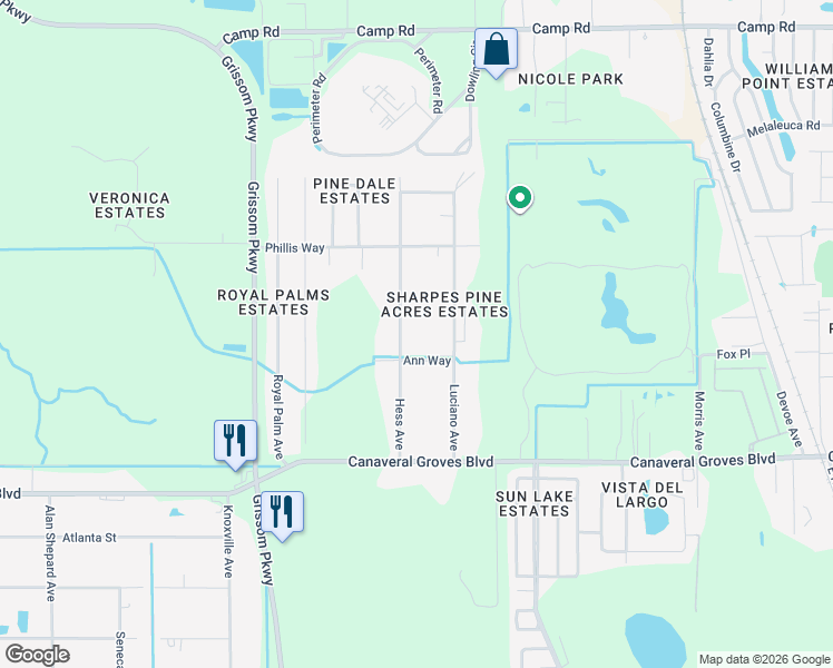 map of restaurants, bars, coffee shops, grocery stores, and more near 4120 Hess Avenue in Cocoa