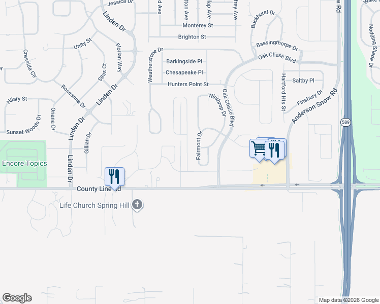 map of restaurants, bars, coffee shops, grocery stores, and more near 241 Fairmont Drive in Spring Hill