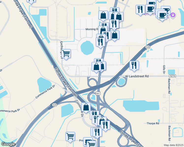 map of restaurants, bars, coffee shops, grocery stores, and more near 2049 West Landstreet Road in Orlando
