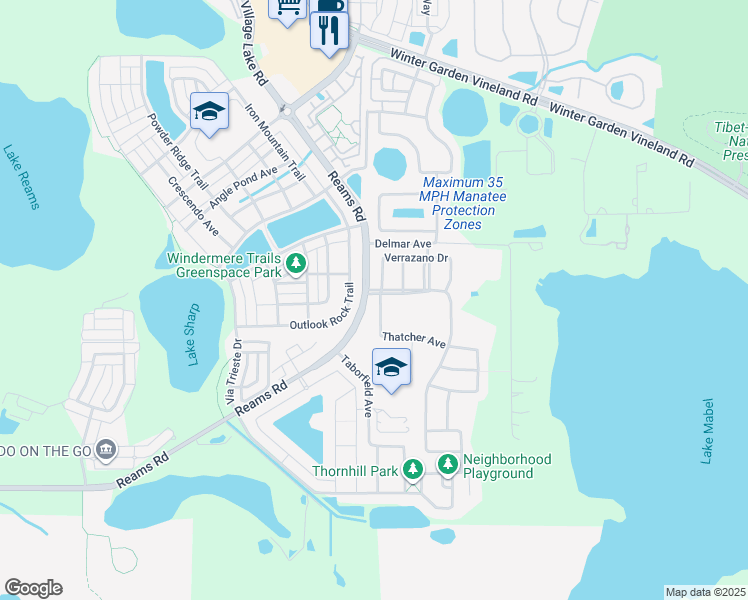 map of restaurants, bars, coffee shops, grocery stores, and more near 11918 Reams Road in Windermere