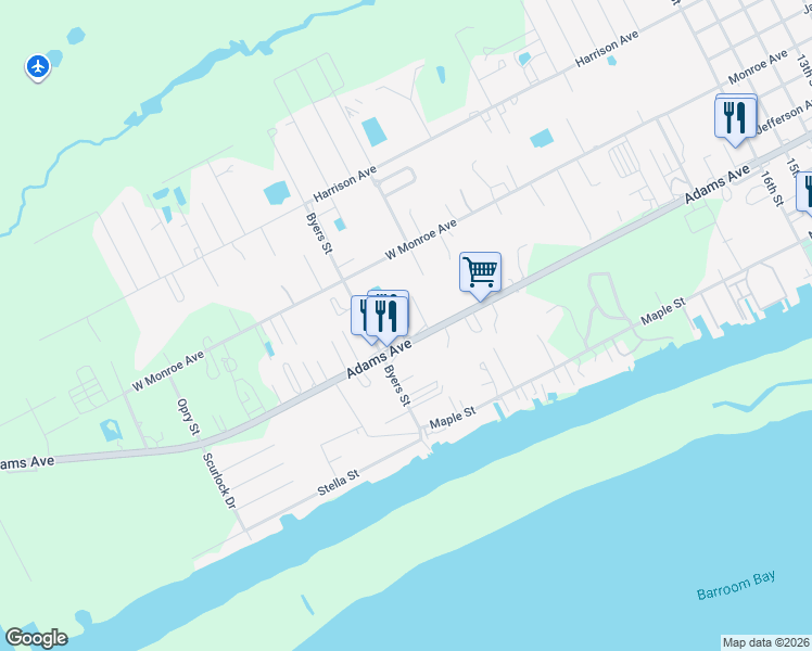 map of restaurants, bars, coffee shops, grocery stores, and more near 32 Palm Drive in Port O'Connor