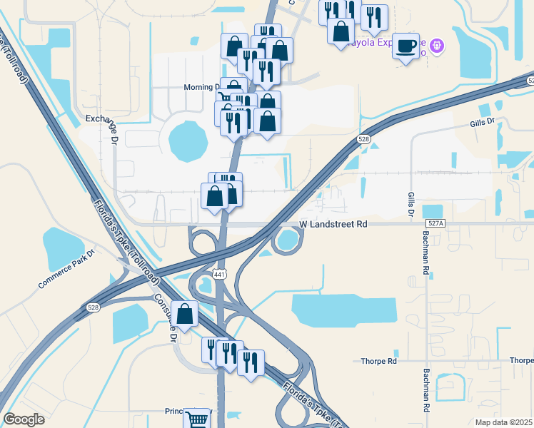 map of restaurants, bars, coffee shops, grocery stores, and more near 1851 West Landstreet Road in Orlando