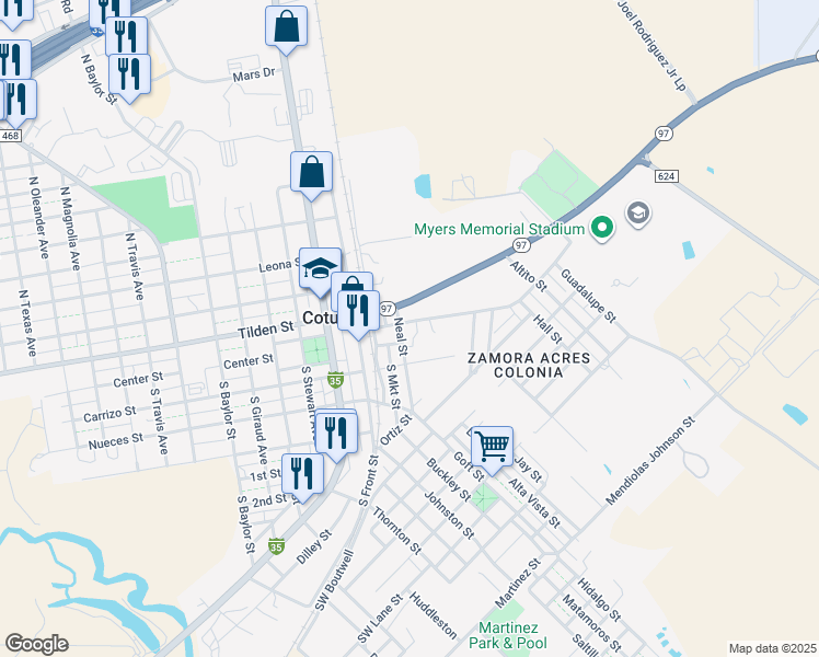 map of restaurants, bars, coffee shops, grocery stores, and more near 4 Texas 97 in Cotulla