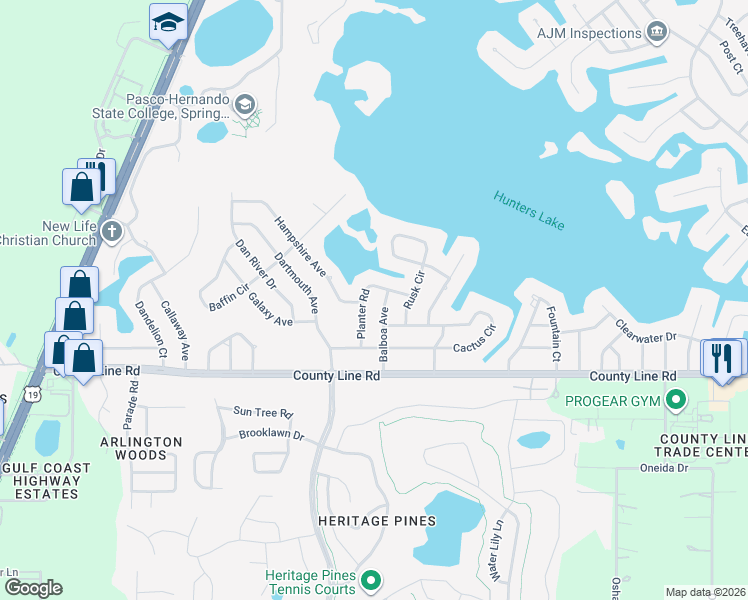 map of restaurants, bars, coffee shops, grocery stores, and more near 223 Planter Road in Spring Hill