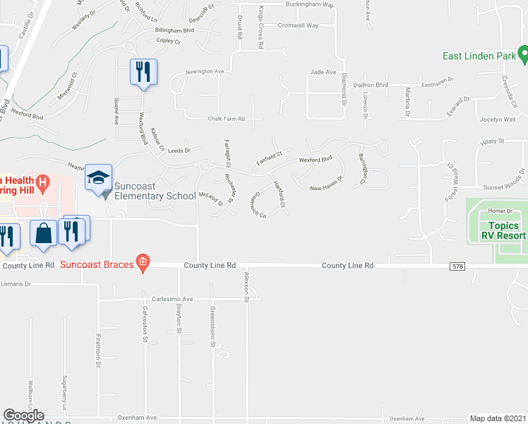 map of restaurants, bars, coffee shops, grocery stores, and more near 306 Greenwich Circle in Spring Hill
