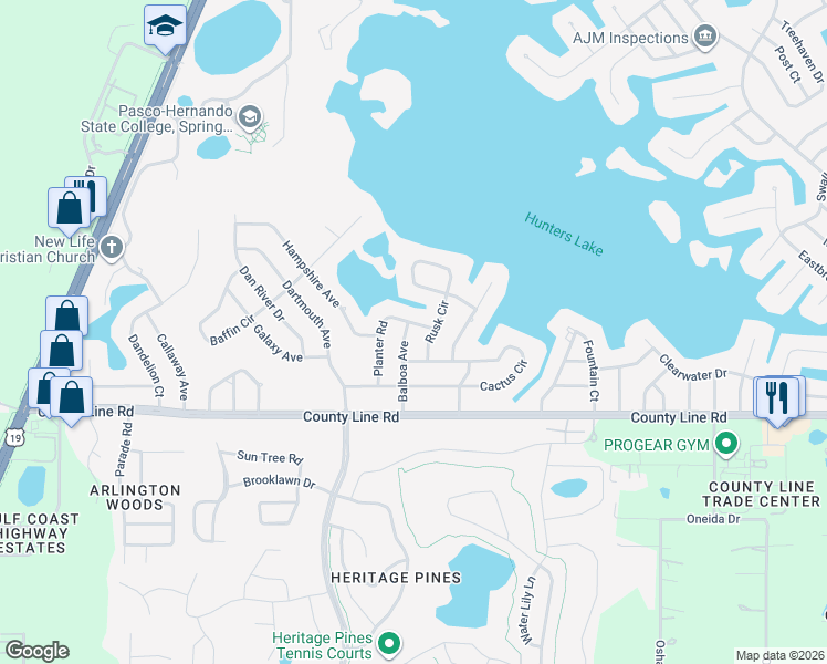 map of restaurants, bars, coffee shops, grocery stores, and more near 275 Planter Road in Spring Hill