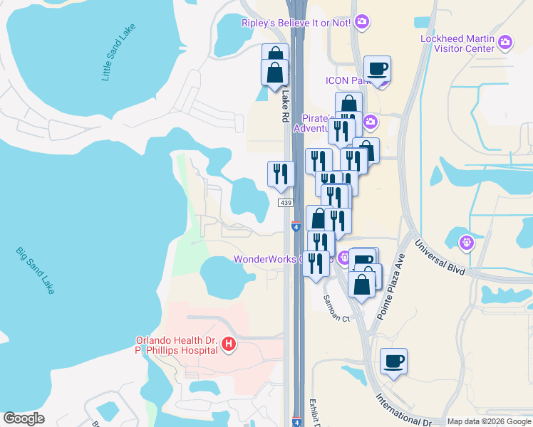 map of restaurants, bars, coffee shops, grocery stores, and more near 9058 Turkey Lake Road in Orlando