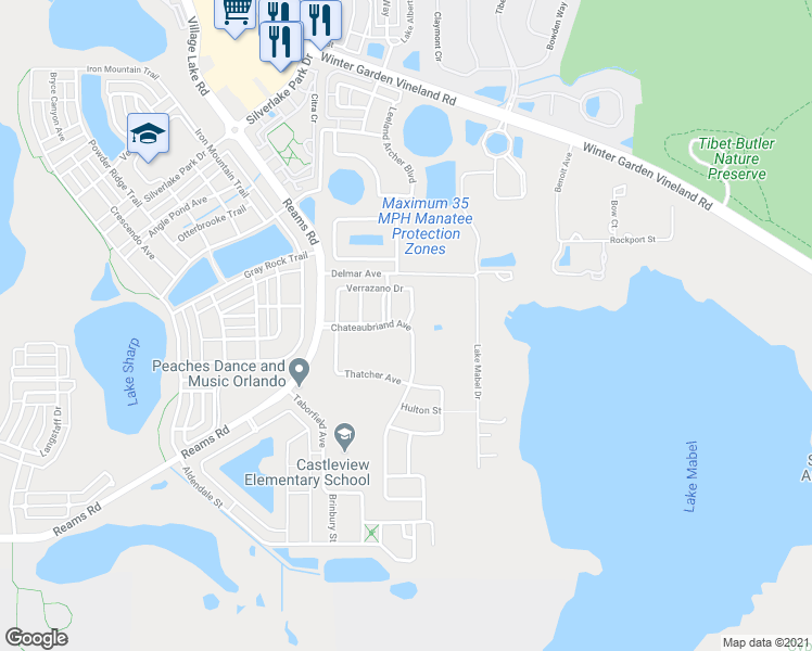 map of restaurants, bars, coffee shops, grocery stores, and more near 11537 Chateaubriand Avenue in Orlando