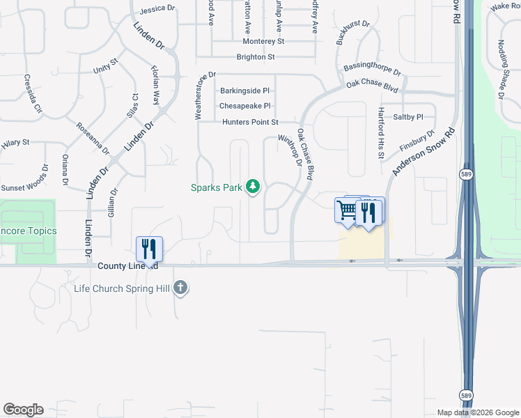 map of restaurants, bars, coffee shops, grocery stores, and more near 221 Fairmont Drive in Spring Hill