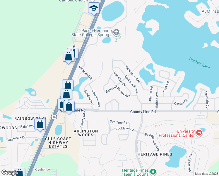 map of restaurants, bars, coffee shops, grocery stores, and more near 5341 Baffin Circle in Spring Hill