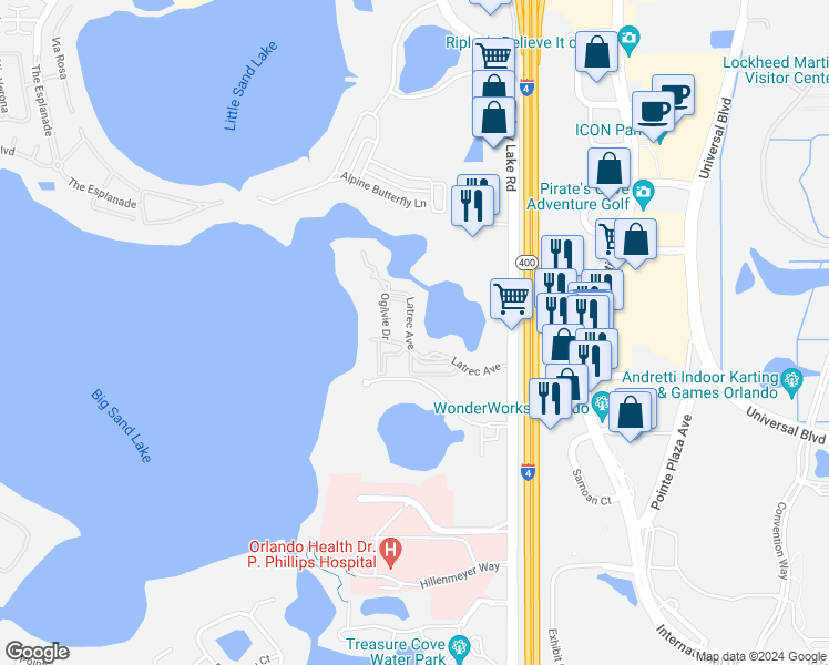 map of restaurants, bars, coffee shops, grocery stores, and more near 8837 Latrec Avenue in Orlando