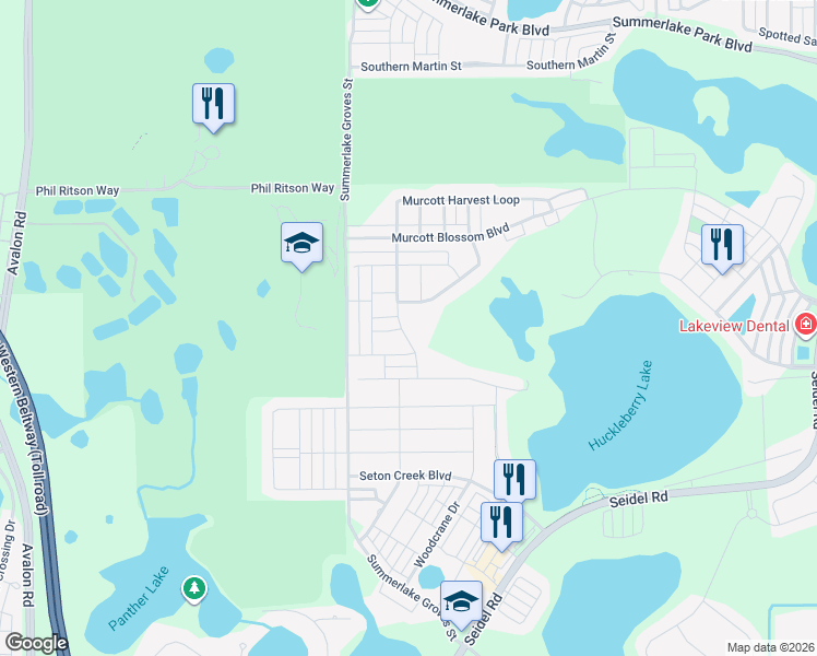 map of restaurants, bars, coffee shops, grocery stores, and more near 15724 Murcott Harvest Loop in Winter Garden